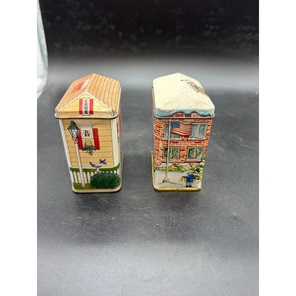 Vintage Nestle Toll House Cottage & Tin Box Co Schoolhouse Christmas Tins Set 2